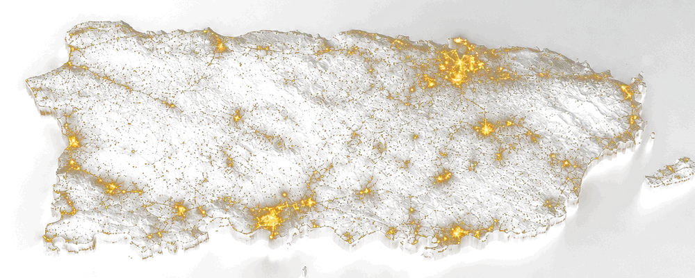 Mapa nocturno de Puerto Rico mostrando la red de pueblos